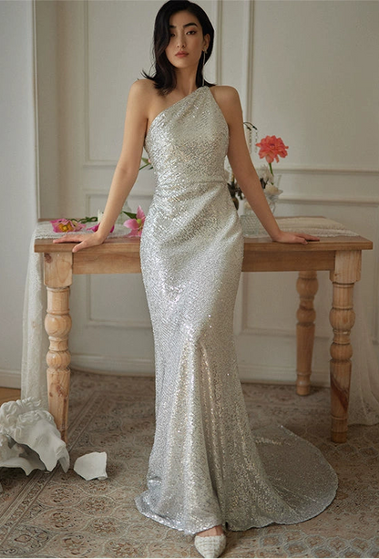GOUDIN silver sequin party evening dresses-INES.
