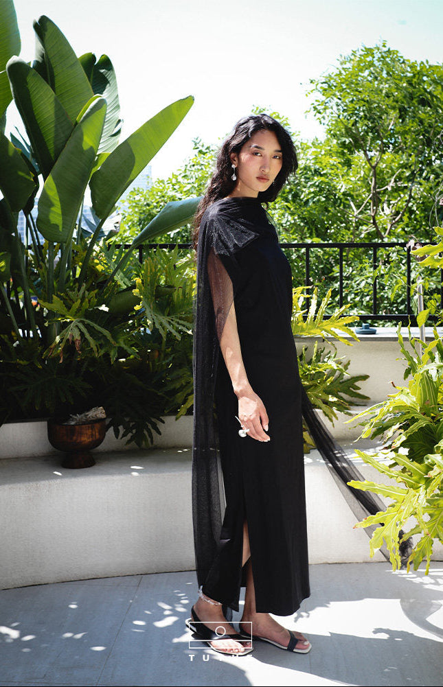 TUYUE black elegant slim trailing maxi side slit dress- TANE.