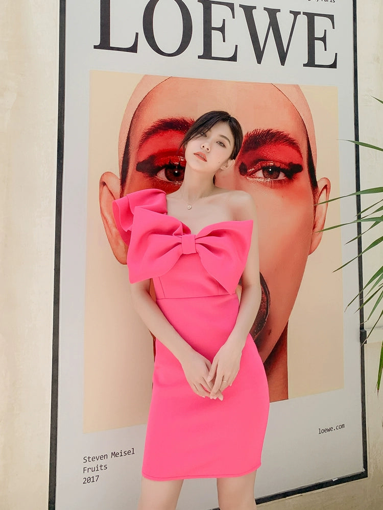 DOLLY Elegant French Style Pink Off Shoulder Big Bow Short Dinner Dress-JOMA
