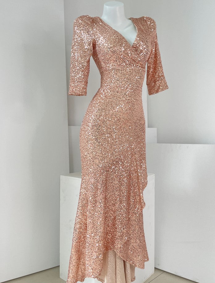 DOLLY Elegant Deep V-Neck Long Sleeve Sequin Fish Tail Long Banquet Dress-MAIA