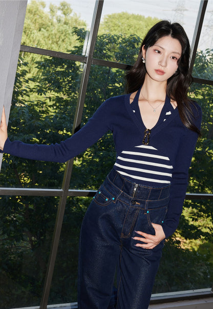 YES BY YESIR fake two-piece striped wool knitted sweater - GRANT.
