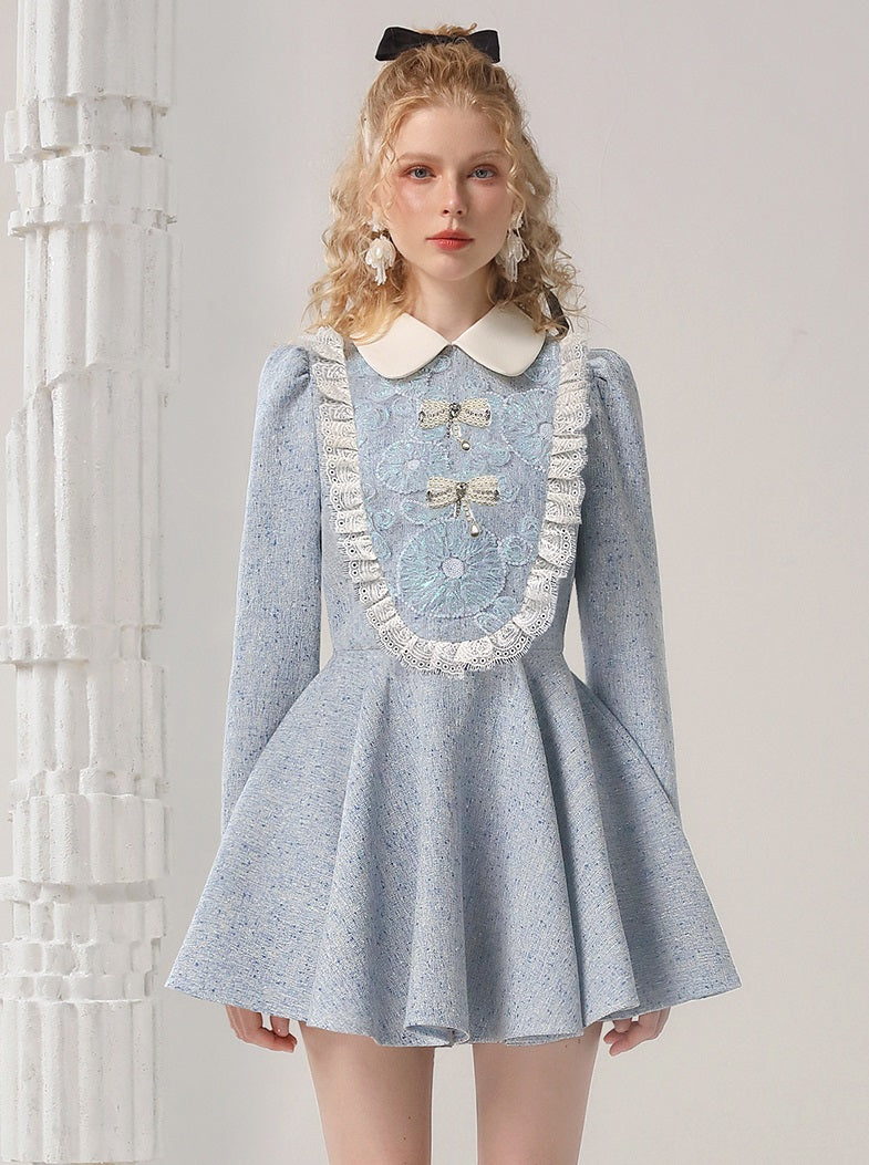 CHECOCRE Elegant Contrasting Lace Short Blue Dress Sweet Doll Collar - PUR