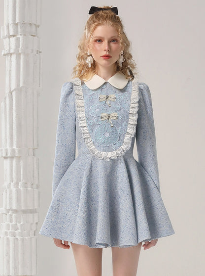 CHECOCRE Elegant Contrasting Lace Short Blue Dress Sweet Doll Collar - PUR