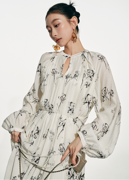 SUSHE white moonlight ink jacquard A-line  French summer long sleeve dress women-FLORA