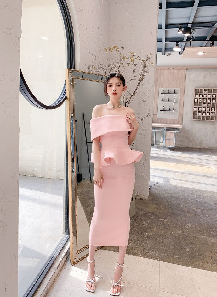 DOLLY High End Off Shoulder Peplum Tube Top Slim Fit Wedding Guest Dress-HANS