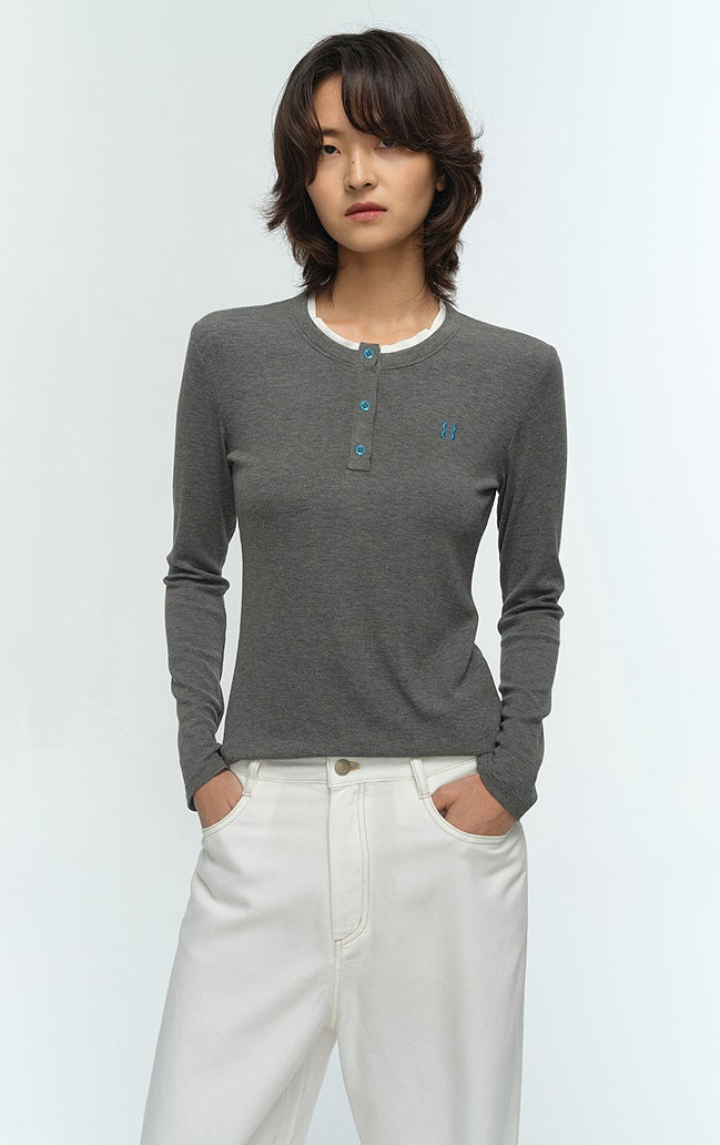 COMME MOI Lu Yan designer new women's clothing Henry collar color-blocked slim T-shirt- CHAOS.