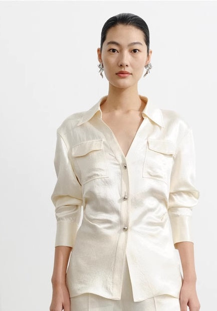 COMME MOI Lv Yan Designer Summer Acetate Texture V-Neck Waist Shirt - AYLA.