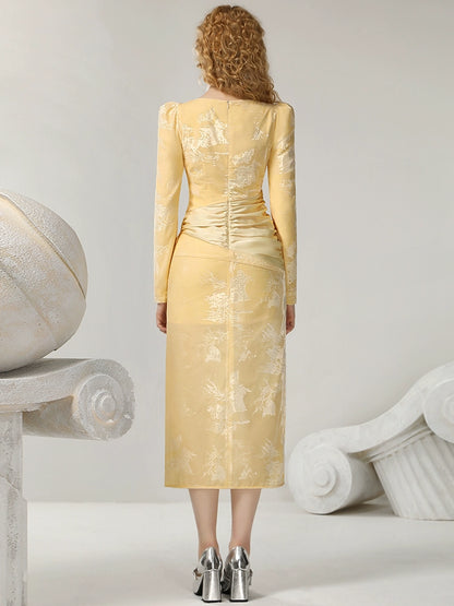 CHECOCRE Sophisticated Retro Warm Yellow Tone Romantic Flowers Long Dress- ANNA