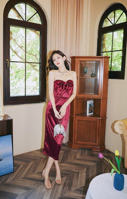 DOLLY Elegant French Style Big Bow Satin Off Shoulder Tube Top Midi Dress-MIA