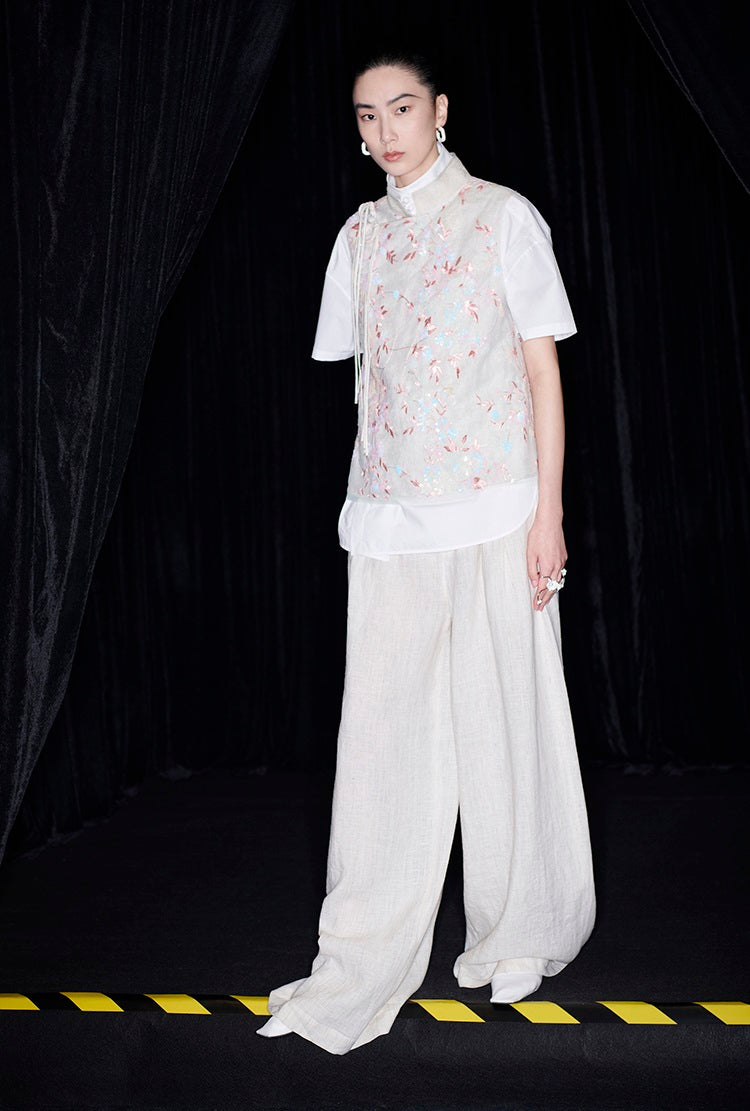 M essential Mackay designer beaded pavé embroidered linen vest - ELONIA.