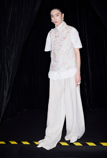 M essential Mackay designer beaded pavé embroidered linen vest - ELONIA.