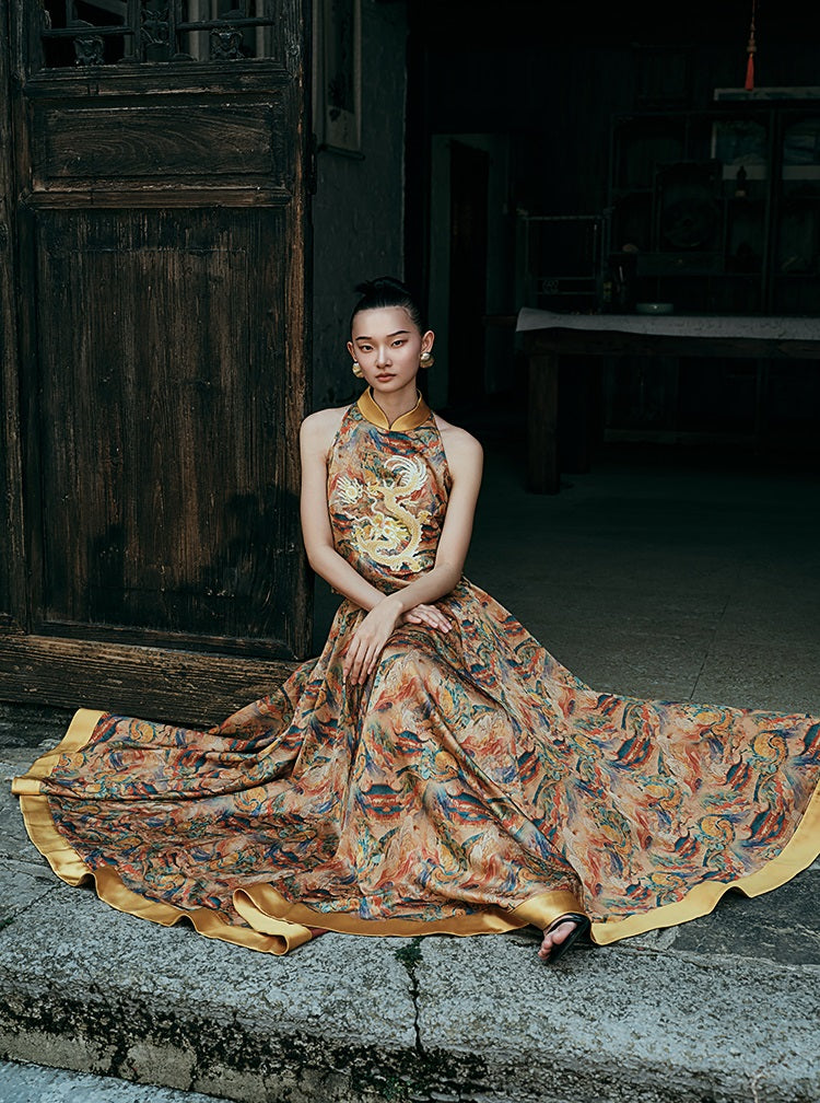 HECO Chinese Contrast Mural Big Swing Fishtail Skirt - MIGRO.