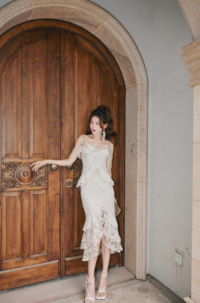 DOLLY Elegant French Style Cream Ruffled Lace Fake Two Piece Midi Dinner Dress-KAKA