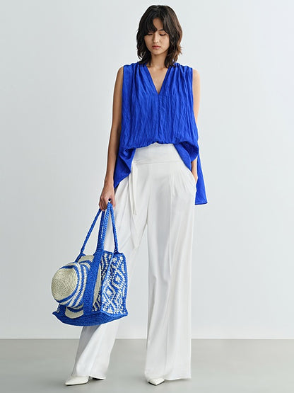 COMME MOI Women's Sleeveless V-Neck Draped Shirt blue Top - SAMUEL.