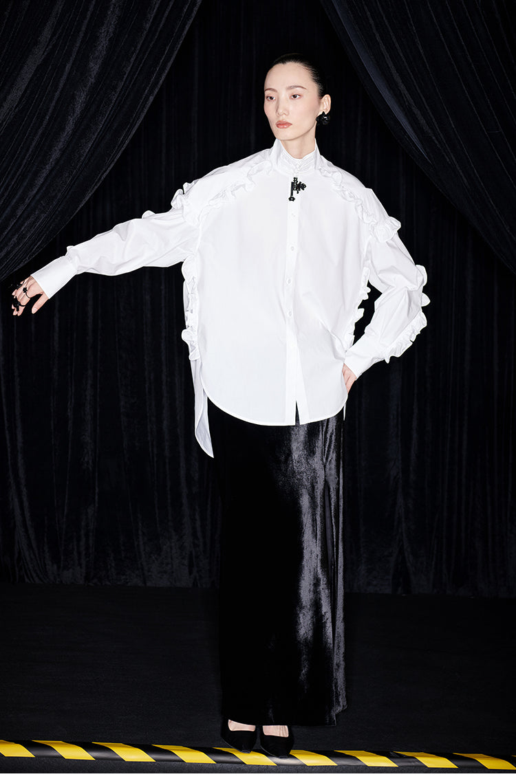 M essential Mackay designer white cotton three-dimensional ruffle trim shirt -  Tori.