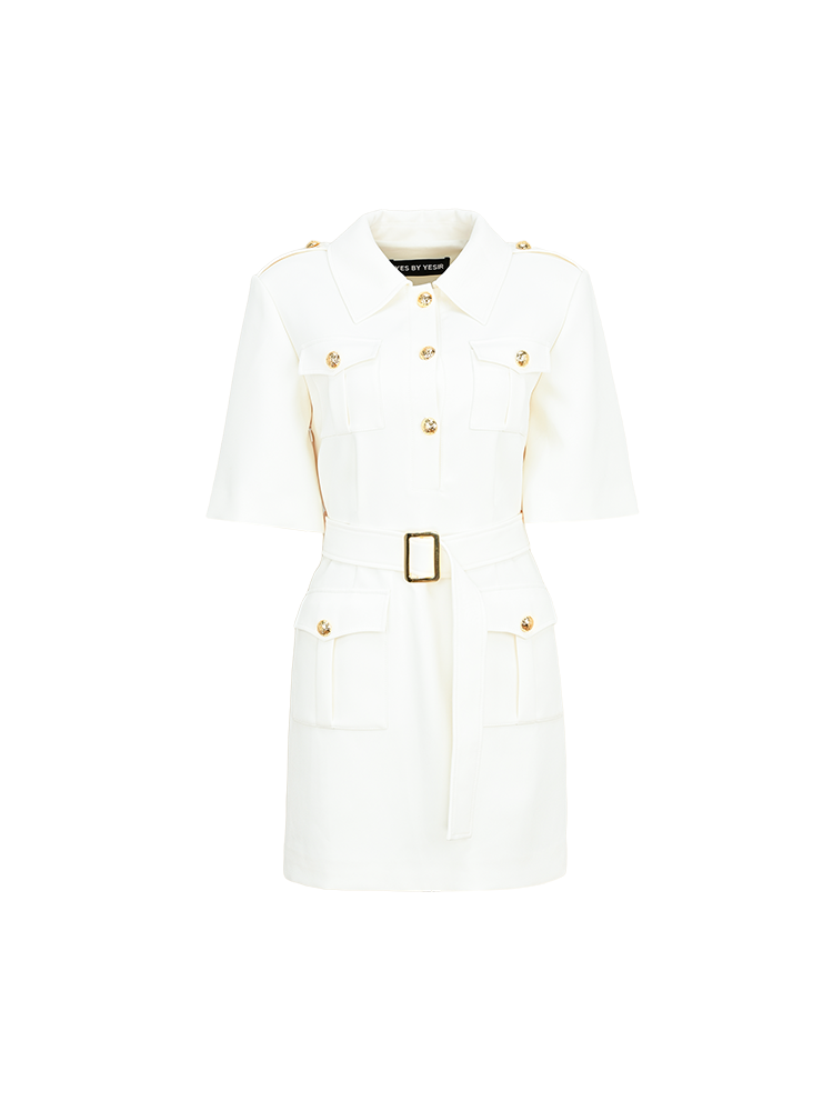 YES BY YESIR |  Luxury Military-Inspired Short Sleeve Short Dress - SELVINA.