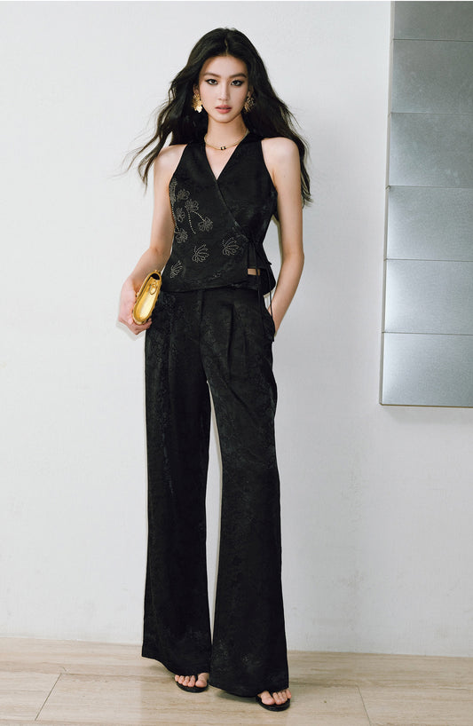 WANGXO  Cross-Strappy Top Relaxed Pants and Statement Silhouette Suits Set -ZAYA