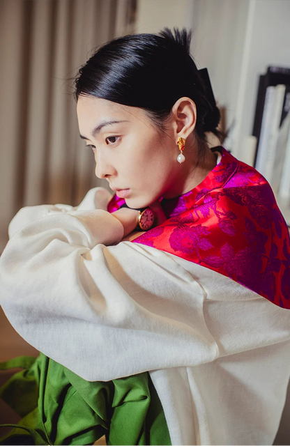 TUYUE rose red silk brocade jade buckle new Chinese aesthetic cloud shoulder- DENISE