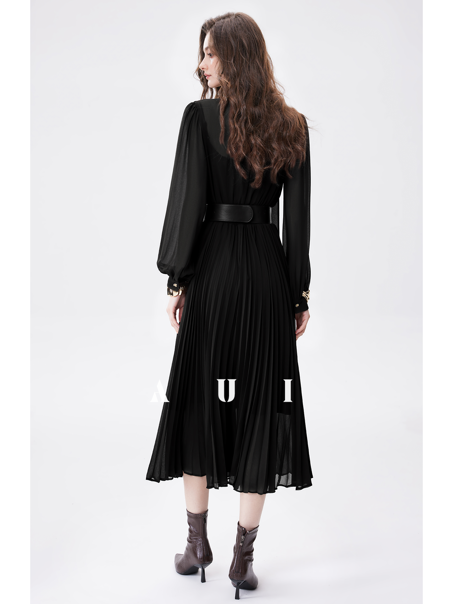 AUI Black Professional Temperament Chiffon Shirt Puff Sleeve Slim Polo Dress - Ha-rin.