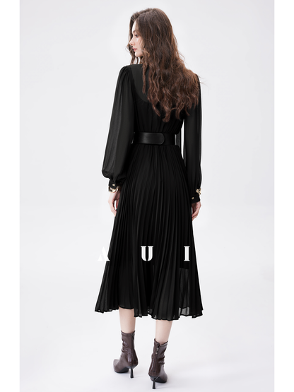 AUI Black Professional Temperament Chiffon Shirt Puff Sleeve Slim Polo Dress - Ha-rin.