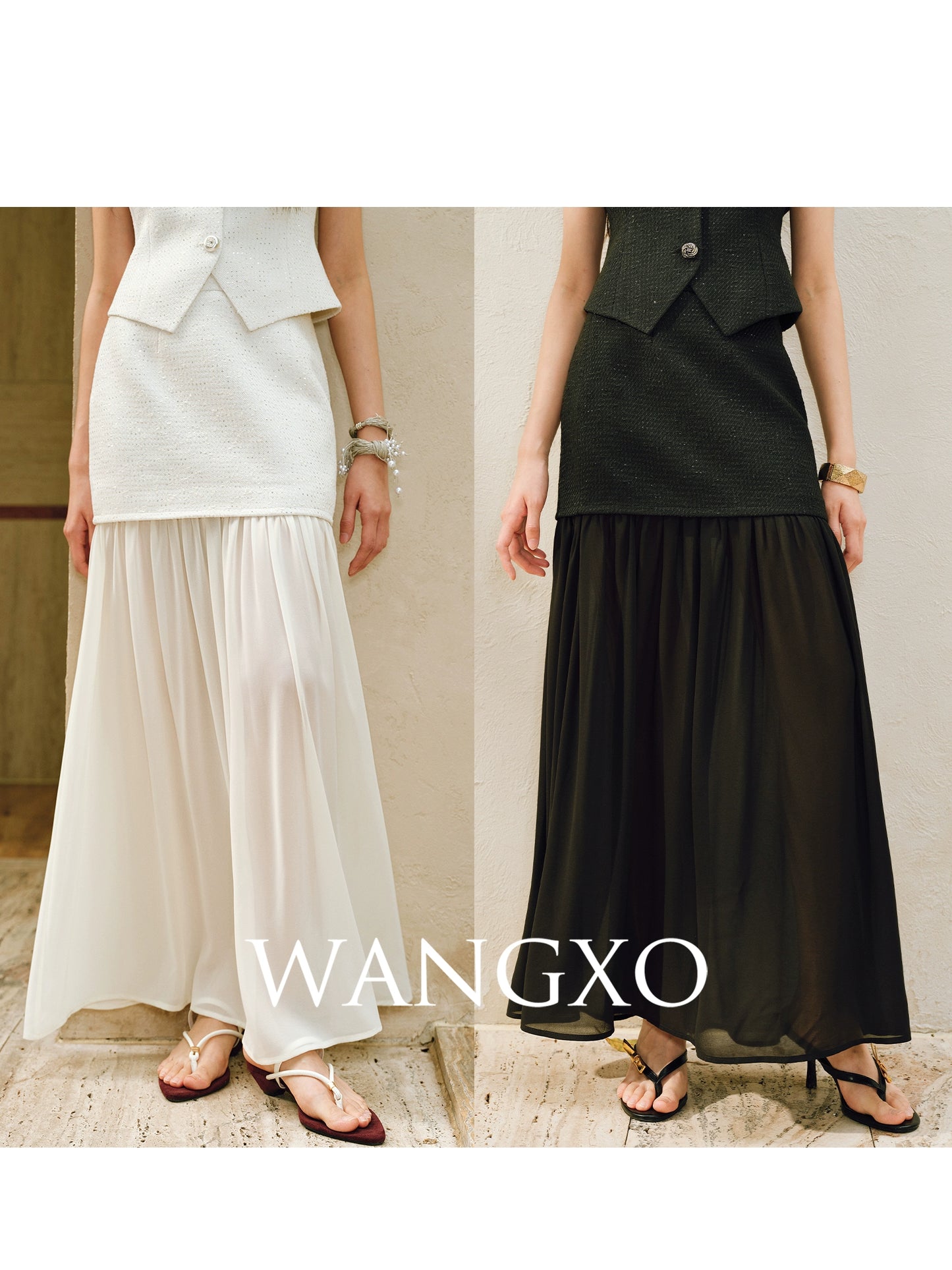 WANGXO |Light Georgette V-Neck Vest & Flowing  Skirt Suit Set-RINA