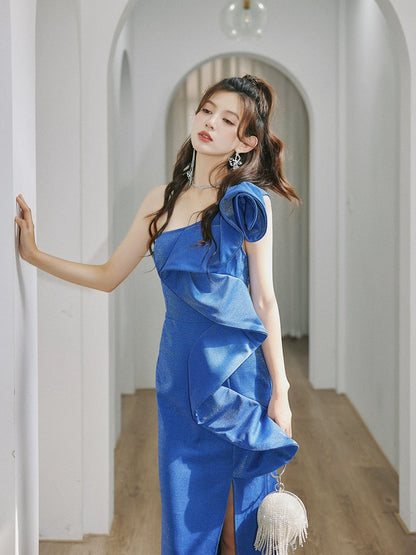 DOLLY Elegant Blue Retro Style Ruffled Off Shoulder Long Slim Fit Slit Dinner Dress-CHITA