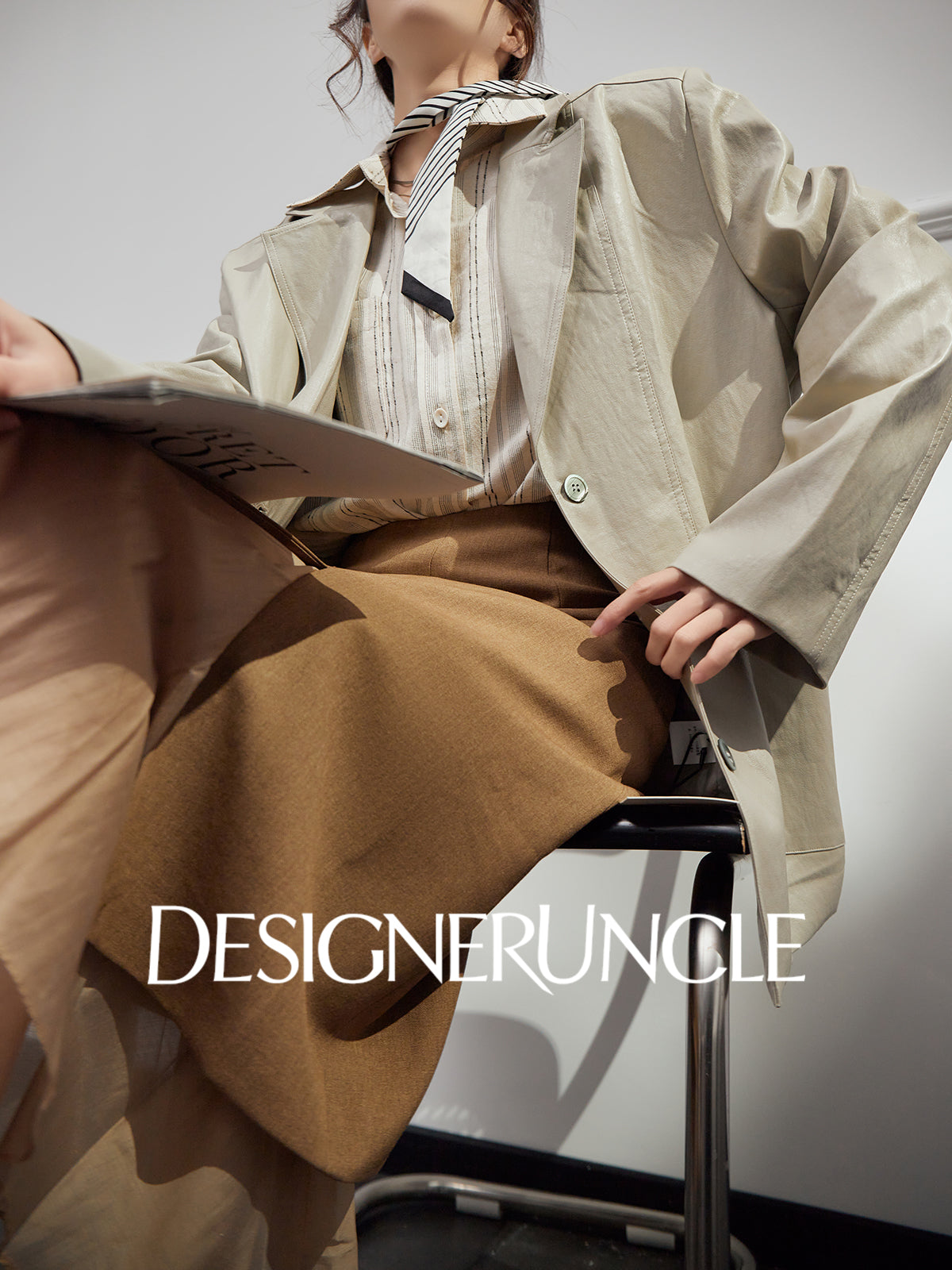 DGU "Light Twilight" Beige Gray Haining Genuine Leather Jacket - Billie.