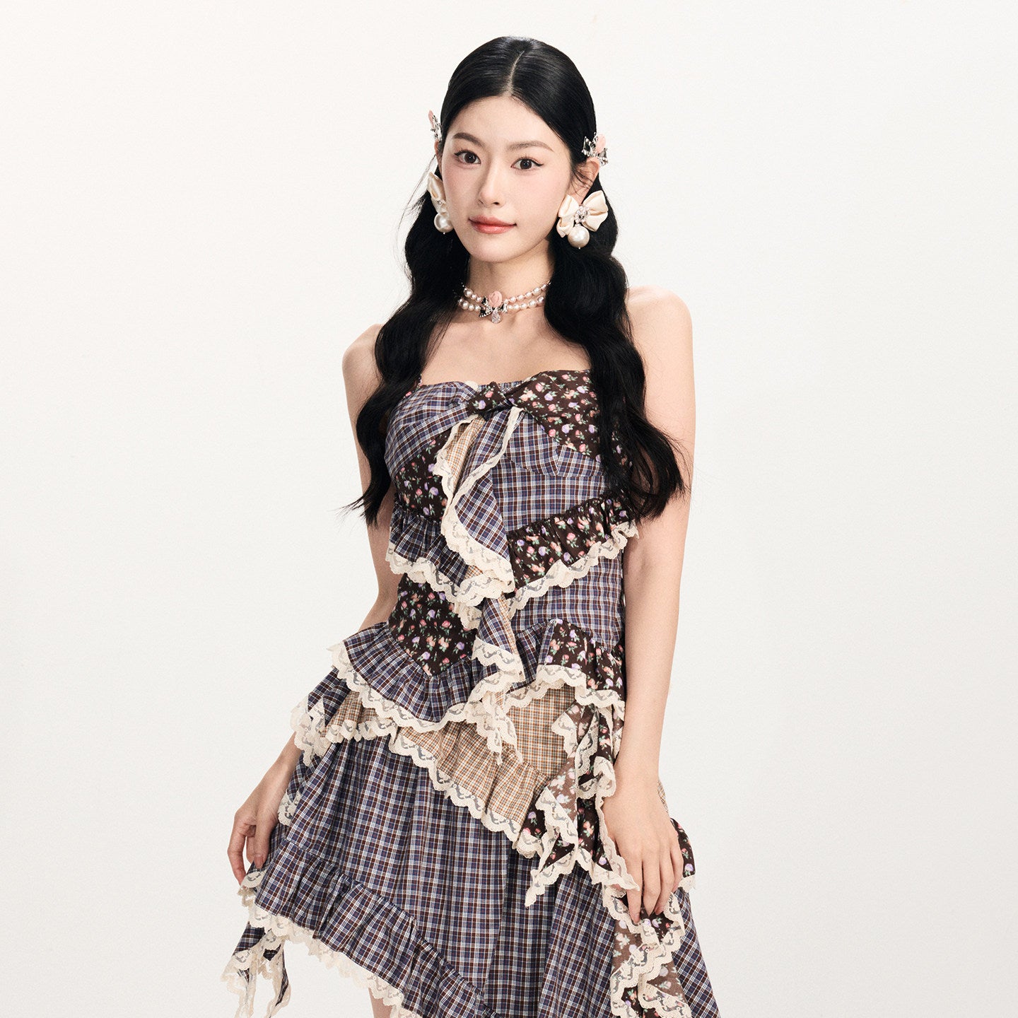 FAME Retro Check Floral Stitching Pastoral Suspender Top - CYNTHIA.