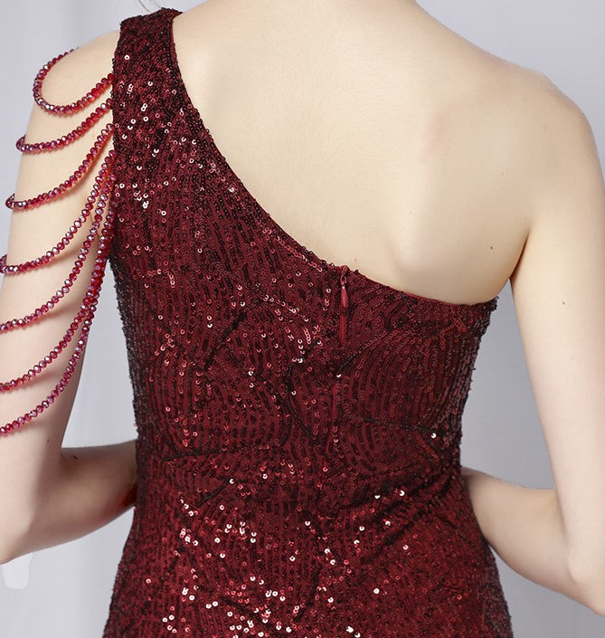 DOLLY Elegant Slant Collar Sleeveless Splice Sequin Slim Fit Dinner Guest Dress-NANA