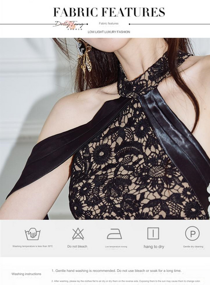 DOLLY Luxury Black Lace Sleeveless Halter Neck Slim Fit Midi Formal Dinner Dress-ANGELA