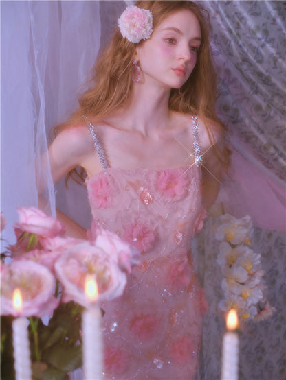 Wardrobes by Chen High End Pink Sleeveless Flower applique Sequin Dress-Bena