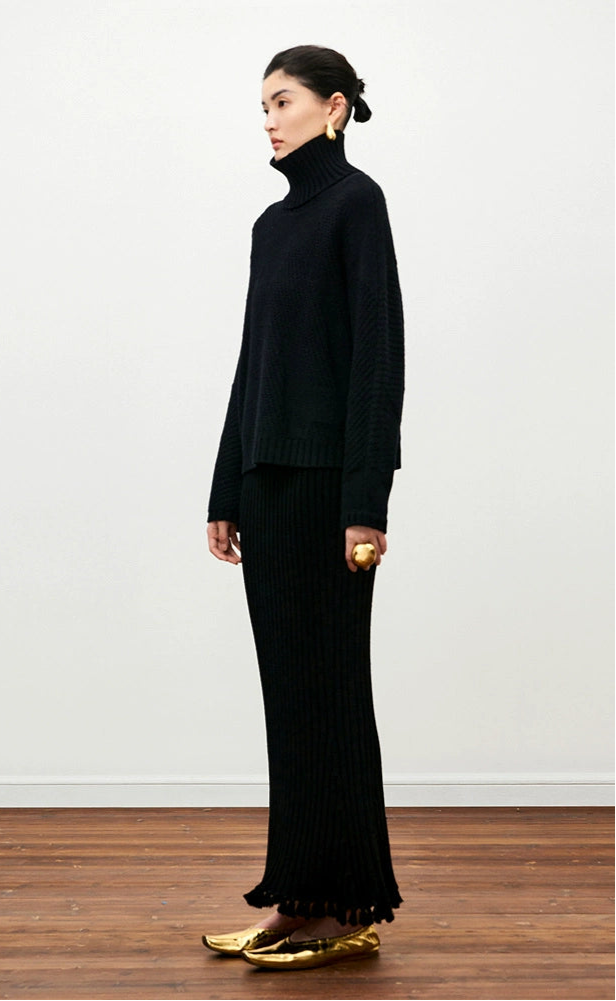 ZHUCHONGYUN Black Coarse Stitch Ribbed Turtleneck Sheep Wool Knit Top-NODA.