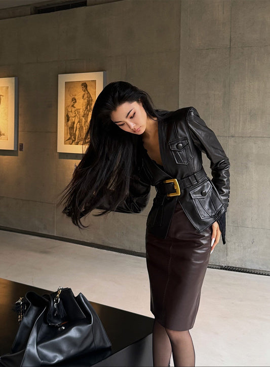 MEI SANGUAN Black Retro Waist V-Neck Leather Jacket - HANNAH