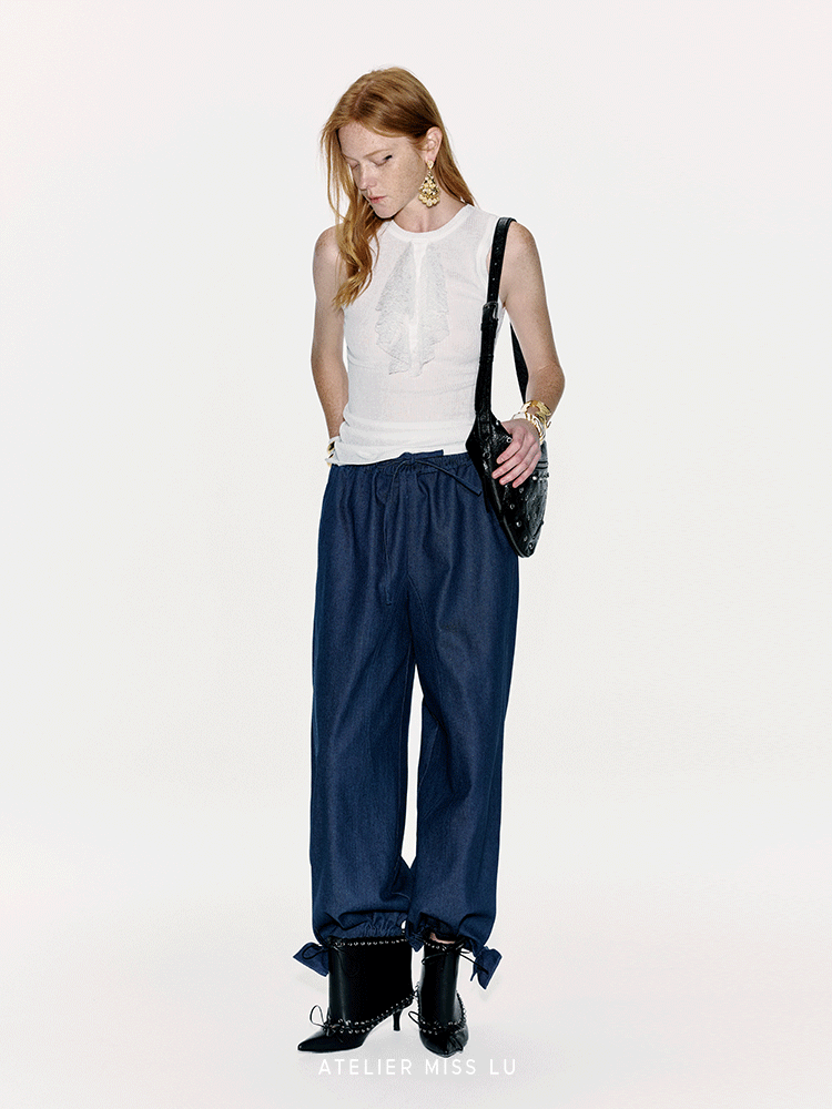 ATELIER MISS LU lace-embellished lightweight knitted short-sleeved vest - GLACIOUS.