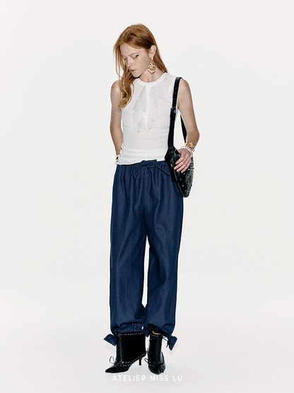 ATELIER MISS LU lace-embellished lightweight knitted short-sleeved vest - GLACIOUS.
