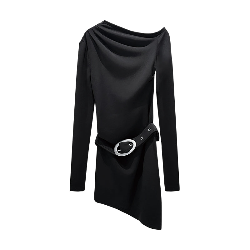 ANNAKIKI Slanted shoulder elastic belt long sleeve dress-CHICHI