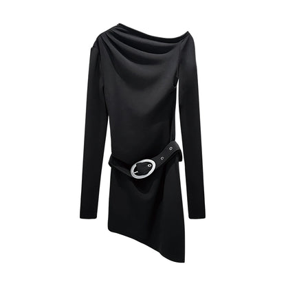 ANNAKIKI Slanted shoulder elastic belt long sleeve dress-CHICHI
