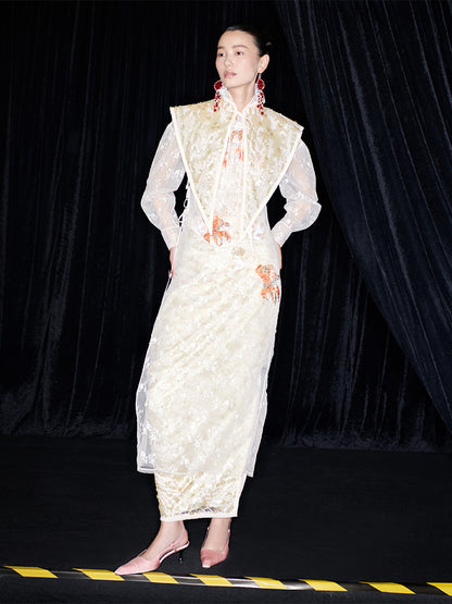 M essential Mackay designer label Jinghui embroidered lace-up trim collar - BABE.