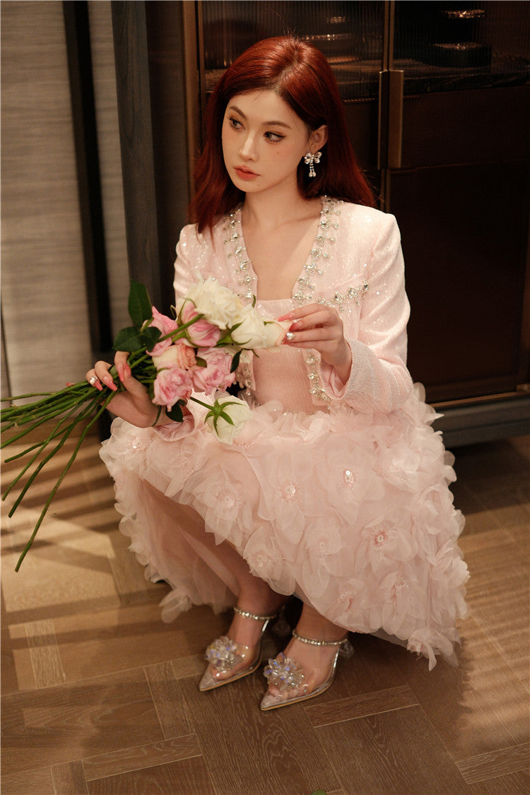 Wardrobes by Chen Elegant Pink Long Sleeve Short Jacket/Ruffle bridal Dress-Maggy