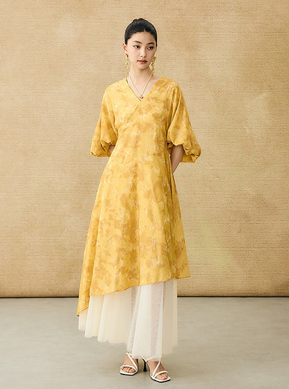 HECO Chinese V-Neck Waist Summer Elegant Floral Stitched Mesh dress - TULIP .