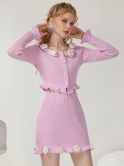 CHECOCRE Stunning Three-dimensional Crochet Pink Flower Contrast Two-piece Set - JOSHUA