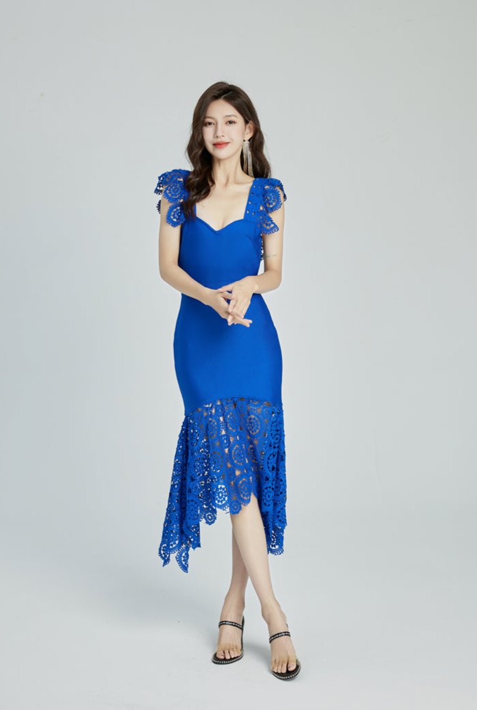 DOLLY Elegant White/Yellow V-Neck Sleeveless Lace Midi Birthday Guest Dress-THALIA