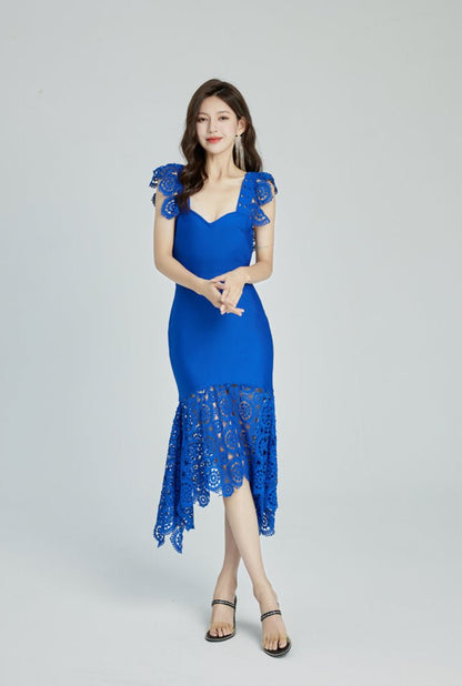 DOLLY Elegant White/Yellow V-Neck Sleeveless Lace Midi Birthday Guest Dress-THALIA