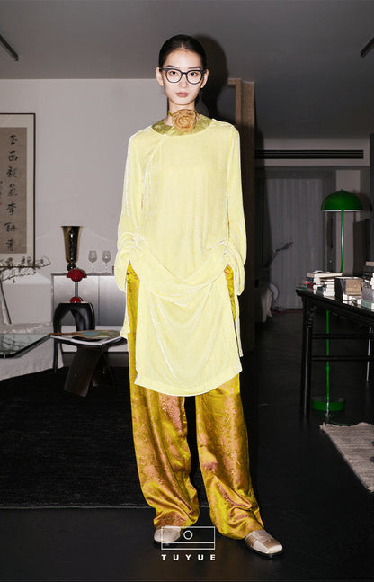 TUYUE yellow silk satin jacquard casual straight-leg pants - JAMAL.