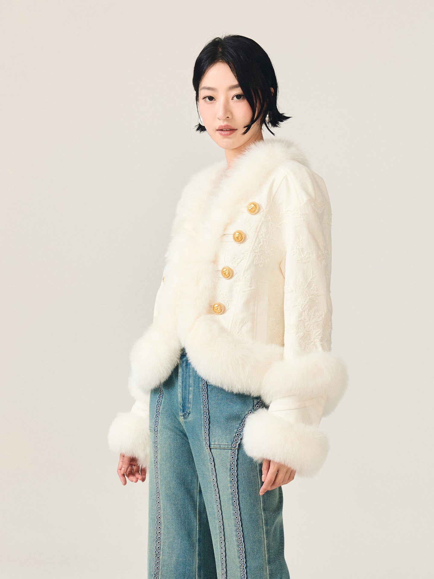 FAME embroidered fox fur cropped jacket - FELIX