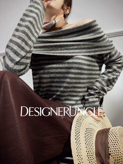 DGU| Dark gray knitted striped slanted shoulder buttons loose design pullover top - Joseph.