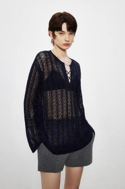PIAOIN light luxury cut-out lace-up yarn knitted blouse women's loose Tencel jacket -WILLOW