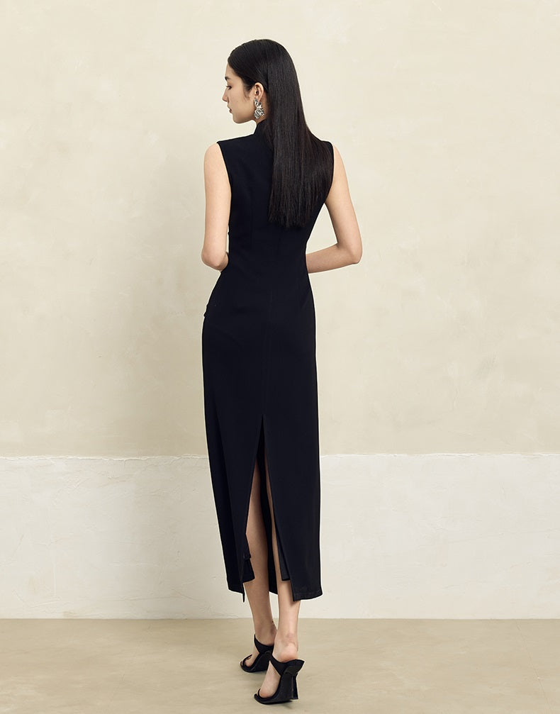 HECO Acetate Waist Black White Pleated Slim Dress Women - EARTH.