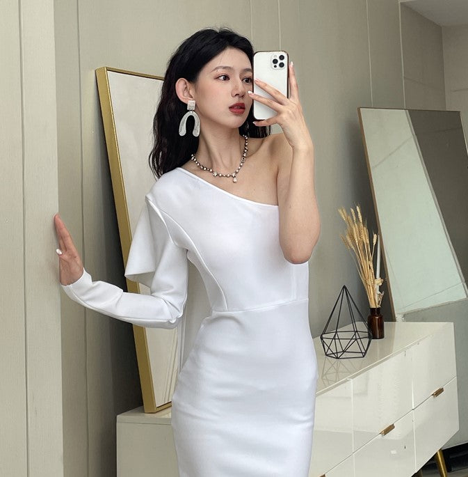 DOLLY Elegant Slant Collar Long Sleeve Bow Drape Body Hug Dinner Dress-CALA