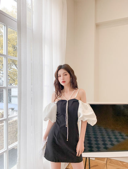 DOLLY Luxury Off Shoulder White Puff Sleeves Black A-Line Dinner Dress-MERCIA